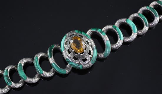 An early 20th century Scottish? silver, citrine and malachite bracelet, 7in.